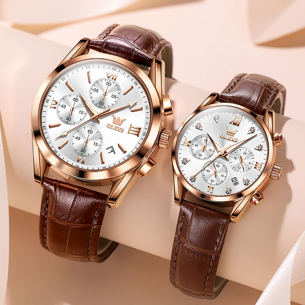 Leather Watch Band Men - OLEVS นาฬิกาคู่สำหรับผู้ชาย, นาฬิกาควอตซ์กันน้ำสำหรับผู้หญิงนาฬิกาข้อมือชายและหญิงสายหนังโครโนกราฟดีไซน์คู่รักของขวัญ